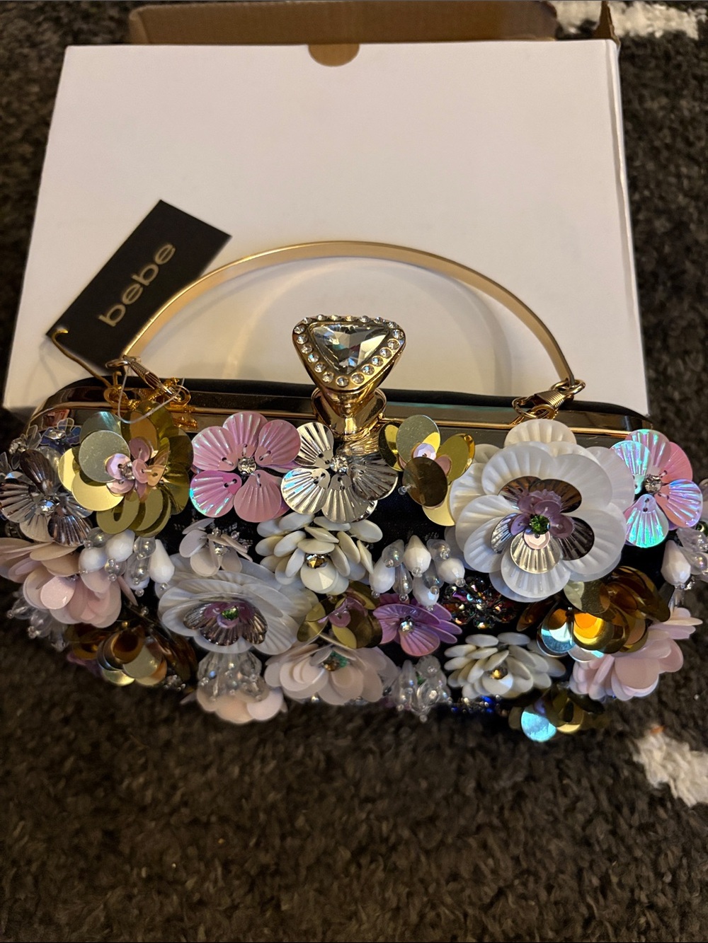 NEW BEBE Multicolor Floral Sequin Embellished Evening Clutch with Gold Handle